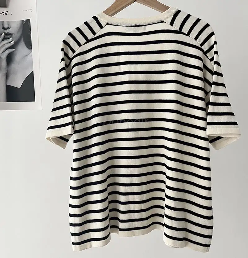 Donegirl 2024 Spring New Women Fashion Short Sleeve Striped Knitted Sweater V-neck T-shirt Pullovers Commute Tops Female Chic