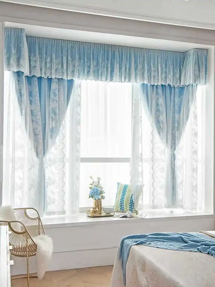 

Bay window curtains 2023 new bedroom short style with corner curtain head Korean lace gauze blackout