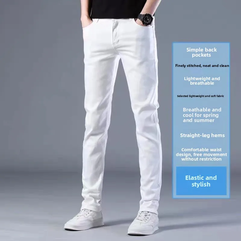 White Slim Fit Jeans Men's Summer Thin Nine Points Casual Small Foot Korean Version Trendy Elastic Jeans Cotton Low Waist