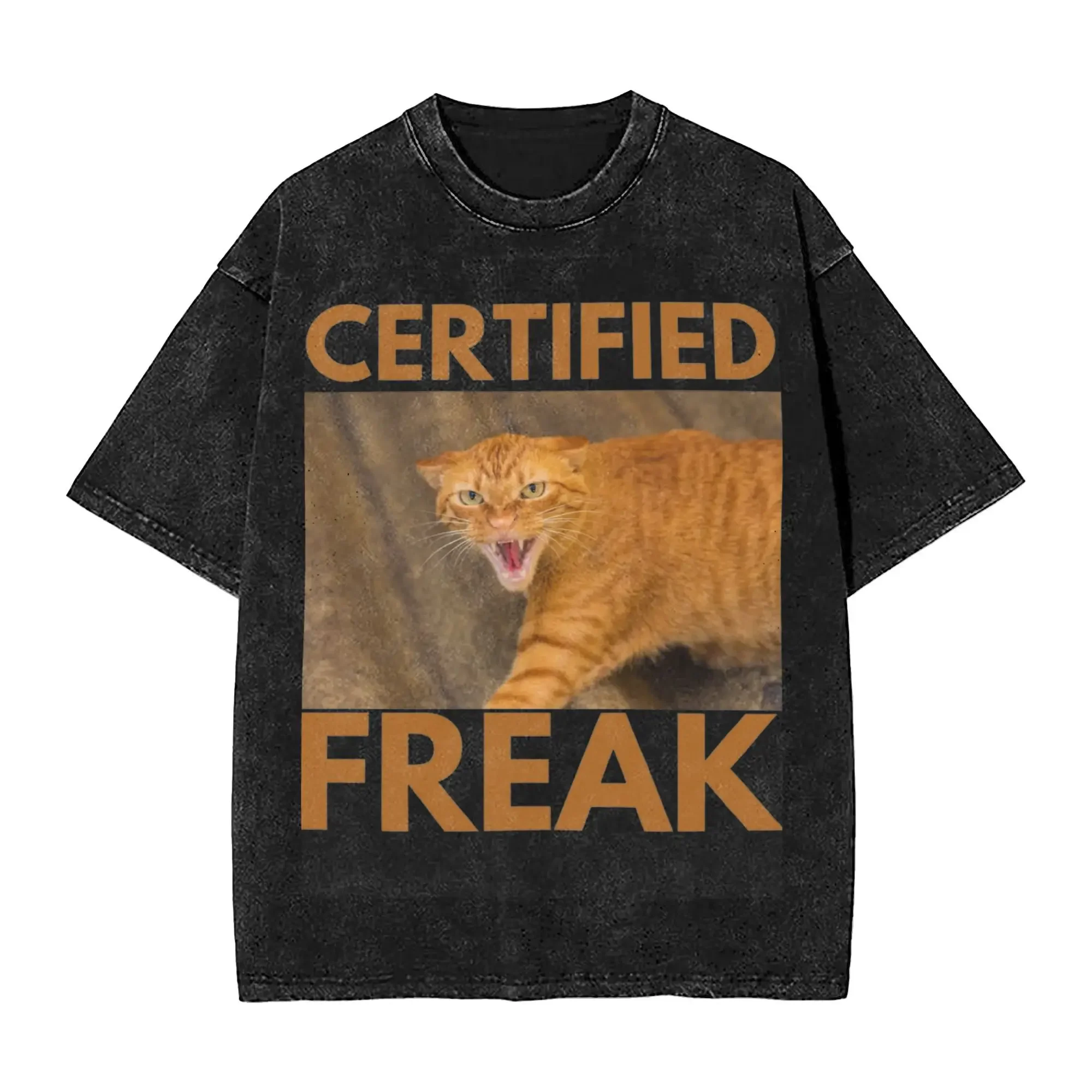 

Women Men Certified Freak Cat Meme T Shirt Graphic Printed Cotton Washed Orange Cats Harajuku T-Shirts