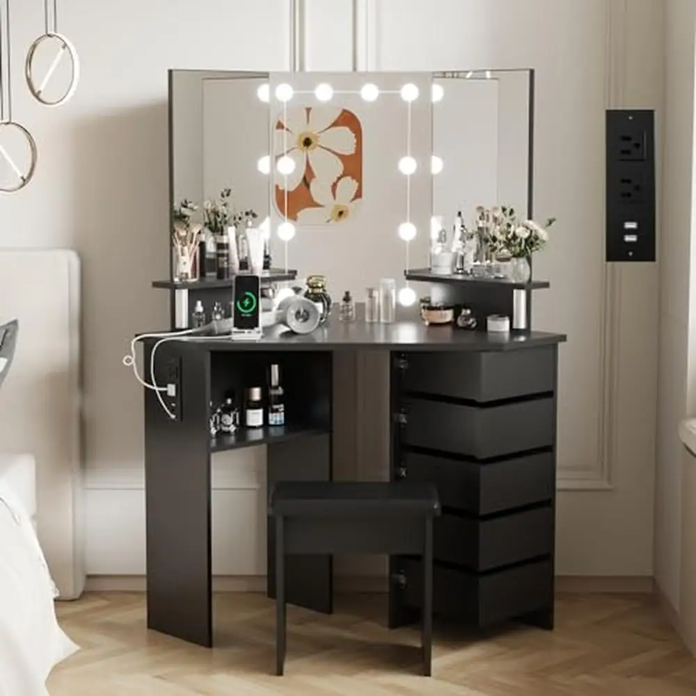 Corner Makeup Vanity Desk with 3 Color Lighting 5 Rotating Drawers & Power Outlet Brightness Adjustable 10 LED Bulbs USB Ports