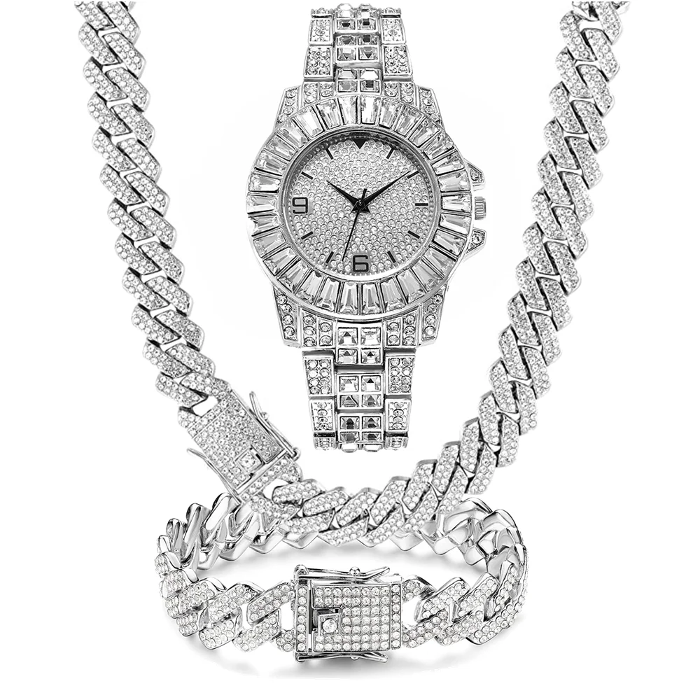 3PCS Jewelry Set 15MM Bling Icedout Cuban Necklace Watch Bracelet For Man Street Style Bar Club Rap Holiday Gifts Daily Wear