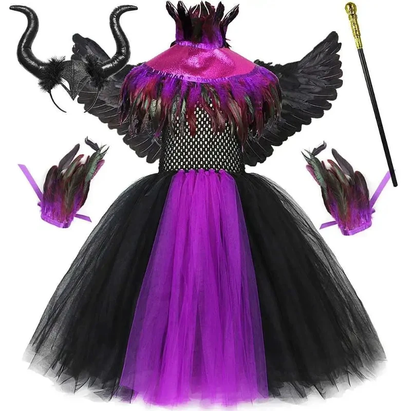 

Gothic Witch Angel Long Costumes for Girls Halloween Full Length Tutu Dress with Feather Wings Cape Horns Kids Carnival Outfit