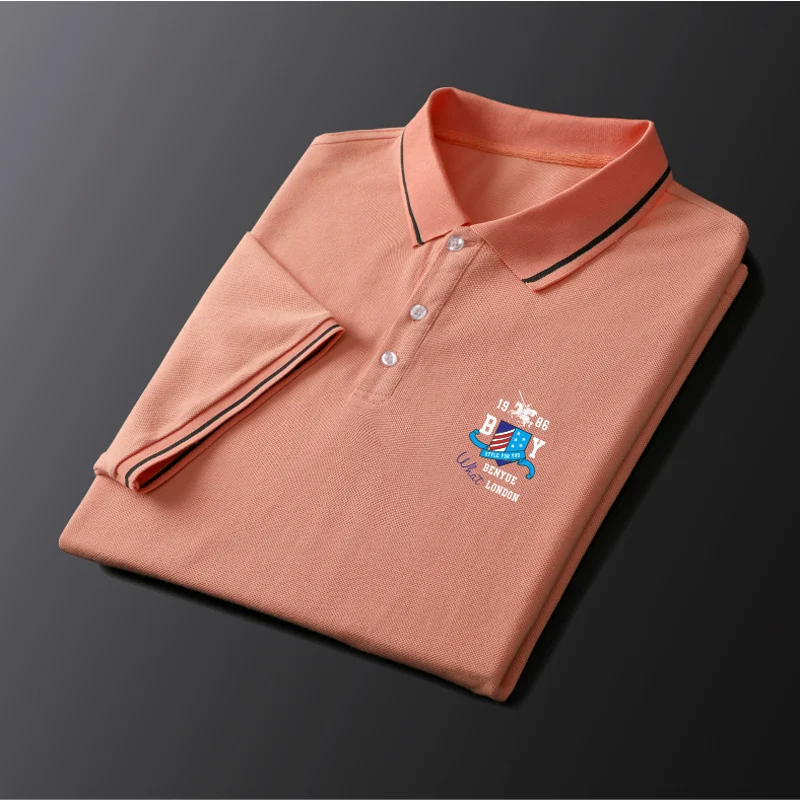 Men's Fashion Casual Trend Pure Cotton Solid Color Embroidery Breathable Polo Shirt Business Office Lapel Short Sleeve