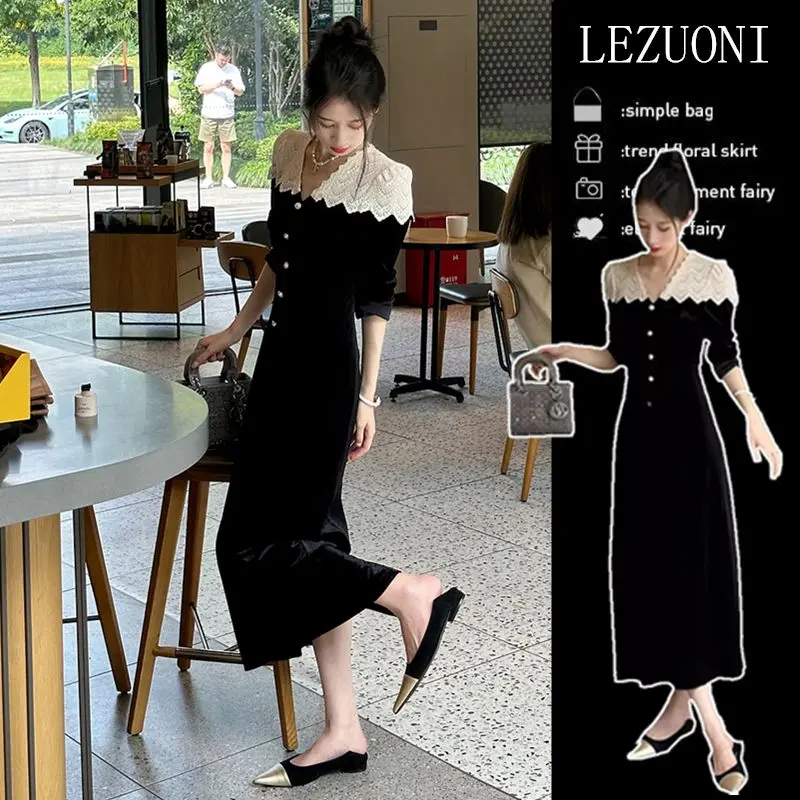 

Black V-neck Velvet Dress Long Sleeve Autumn/winter 2023 New Fashion Collar Long Sleeve Long Sleeve Dress Women