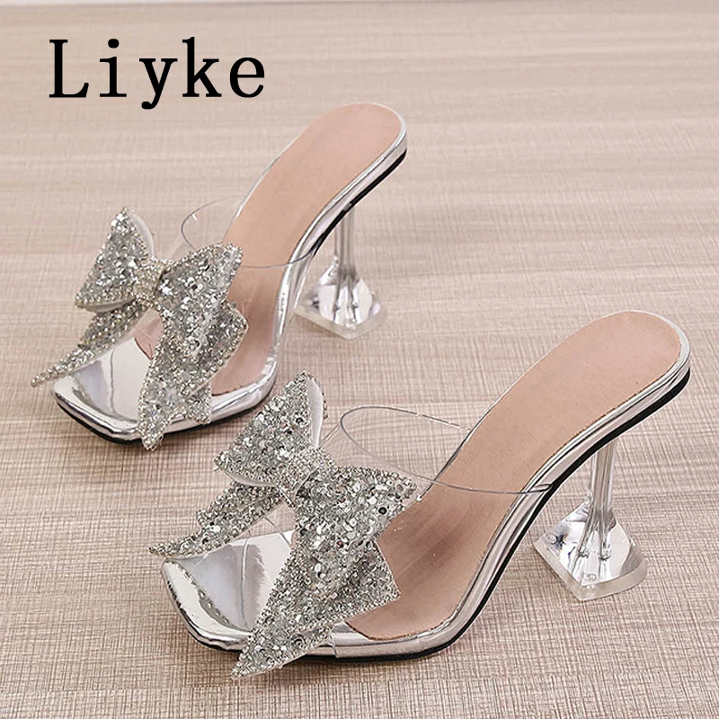 Liyke Fashion Crystal Sequined Bowknot kobiety pantofle sandały dziwny styl transparentne buty na obcasie z wystającym palcem PVC przezroczyste buty