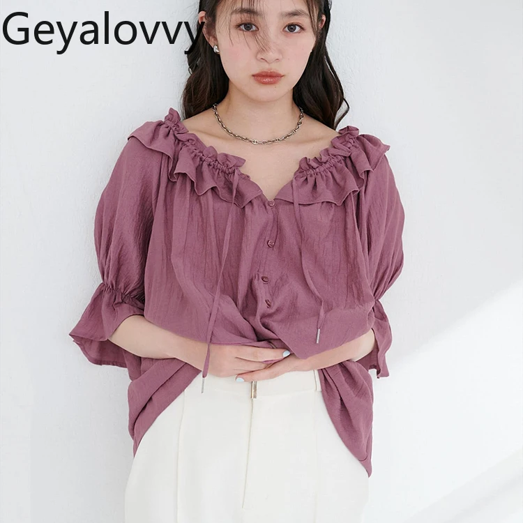 

Lady Tops Summer 2025 New Japanese Style Casual Elegant Blouses Fashion Sweet Ruffle Collar Half Sleeve Loose Women's Shirts