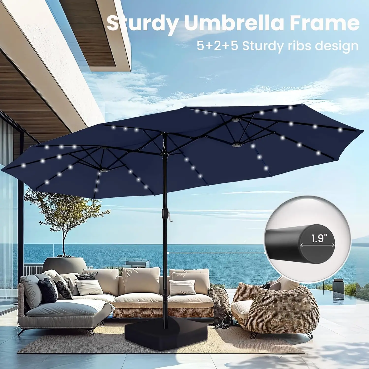 PHI VILLA 15ft Large Patio Umbrella with Solar Lights, Double-Sided Outdoor Market Rectangle Umbrellas with 36 LED Lights,