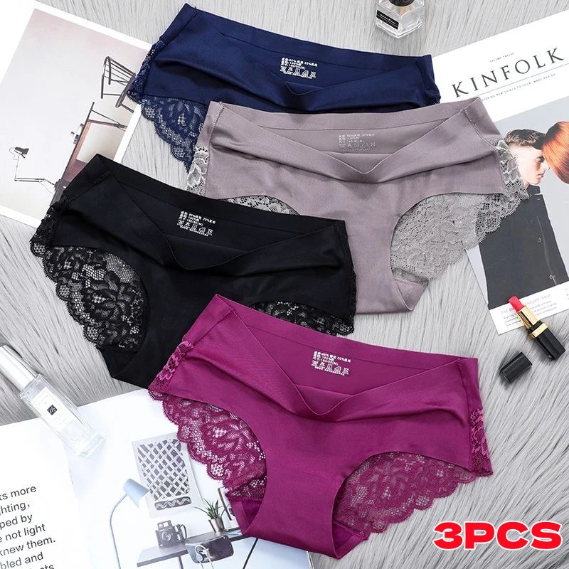 3pcs Lace Women's Panties French Seamless Underwear Female Ice Silk Briefs Solid Color Breathable Underpants Lingerie