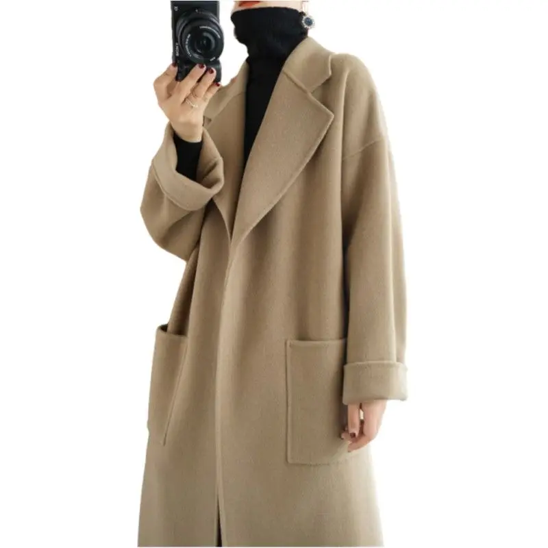 

Woolen Coat Women Elegant Trench Women's Clothing Casual Solid Color Long Knee-length Pockets V40