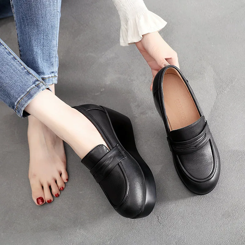 GKTINOO 2024 Genuine Leather Black Shoes Platform Thick Sole Wedges Shoes Woman Heightening Shoes Plus Velvet Winter Shoes