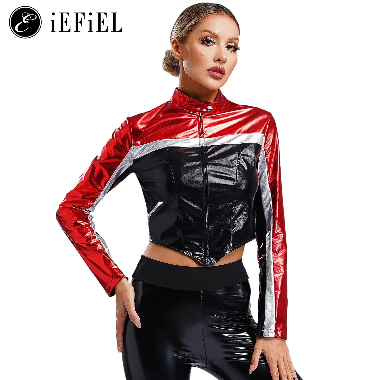 Adult Racer Girls Costume Metallic Long Sleeve Zip Up Tie Mock Short Jacket Speed Driver Racing Competition Uniform Top