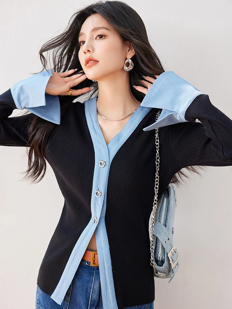 Maglione lavorato a maglia da donna autunno New Splicing Contrast Color top Cardigan lavorato a maglia con scollo a v delicato Fashion Niche Design