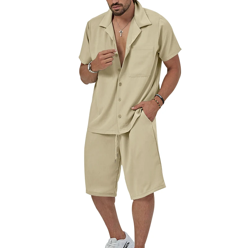 Conjunto de 2 piezas para hombre, camisa informal de manga corta con botones y solapa, pantalones cortos con cordón, ropa para diario, Lei, Verano