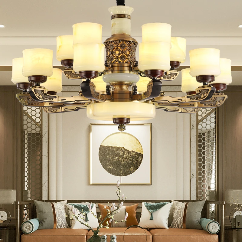 

New Chinese Style All Copper Marble Chandelier Living Room Lamp Atmospheric Luxury Duplex Villa Compound Natural Jade Chinese