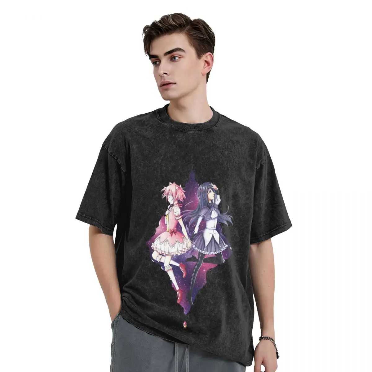 Washed T Shirts Madoka And Homura Puella Magi Madoka Magica T-Shirt Streetwear Cotton Graphic Printed Tops Tees for Men Women