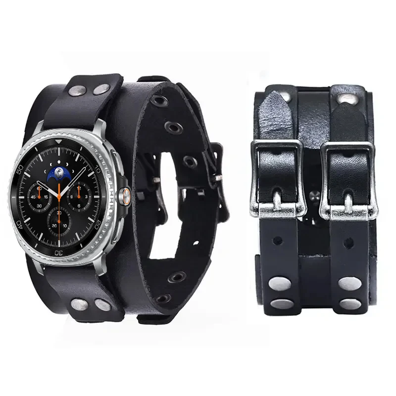 Leather Band For Samsung Galaxy Watch 8/7 Ultra Watch 8 40mm 44mm Strap 8 Classic 46 Double Metal Buckle Bracelet Accessories