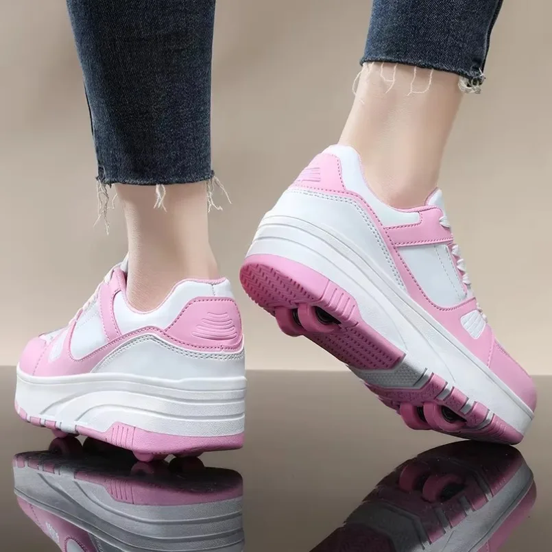 Girls Walking Shoes Casual Outdoor Four Wheel Roller Shoes Boys Sports Slide and Shrink School Students Pulleys Shoes Sneakers