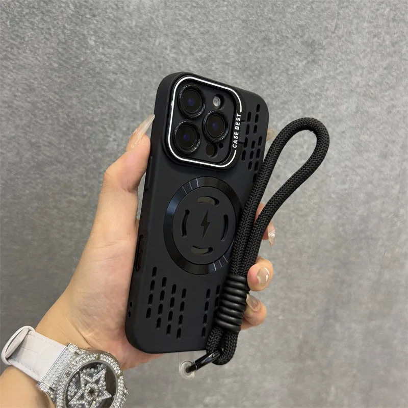 Wärmeableitende, ausgehöhlte Lanyard-Hülle für MagSafe Case für iPhone 16 15 14 13 12 11 Pro Max Plus mit Objektivhalterung und magnetischem Ständer