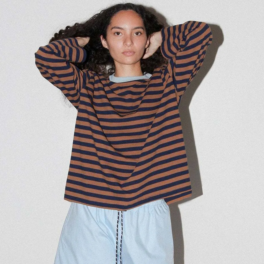 Imcute المرأة الخريف تي شيرت مخطط فضفاضة تناسب عادية أنيق التباين تقليم طاقم الرقبة طويلة الأكمام الأساسية القمم موضة الشارع الشهير