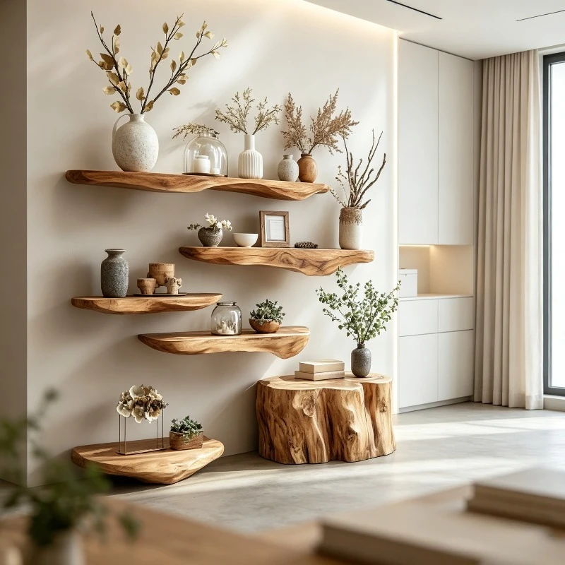 Wall Mounted Solid Wood Shelf Rack Organizer Stand Artistic Multi-Tier Floating Bookshelf for Living Room Bedroom Home Decor