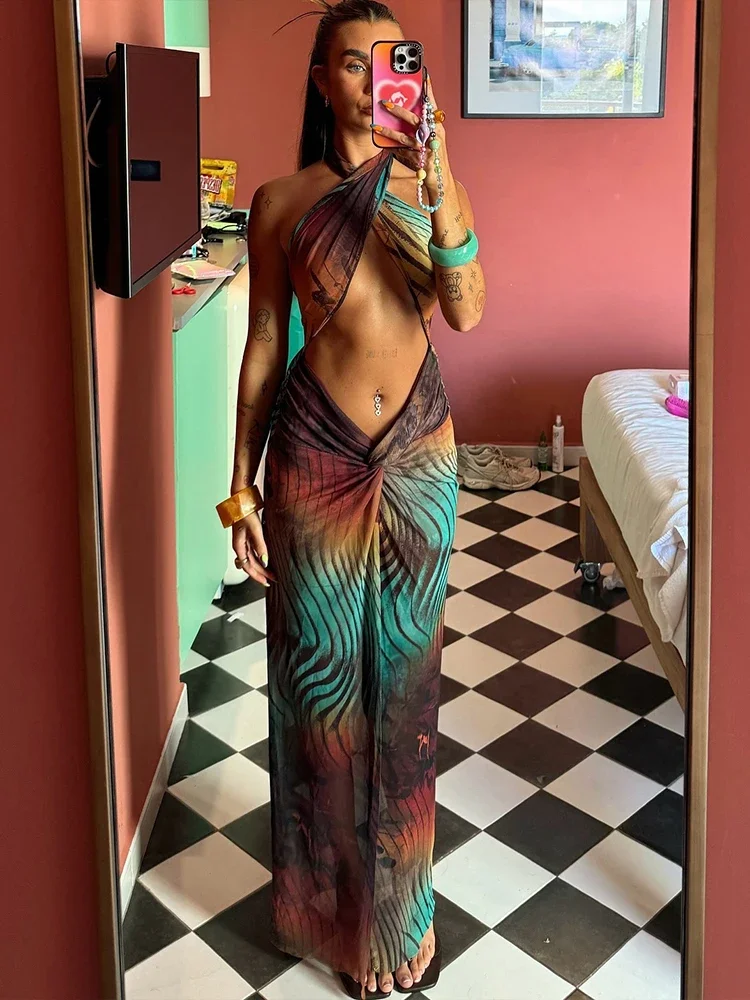 فستان نسائي ملون متدرج لعام 2025 رداء نسائي مجوف متقاطع بدون ظهر مثير لقضاء العطلات في منتصف الليل محب للحفلات
