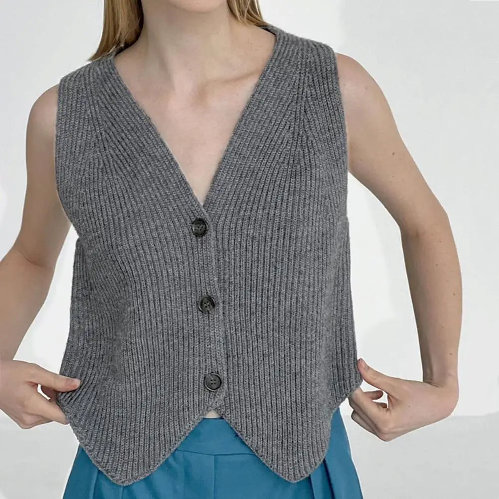 Urban Style Vest Stylish V Neck Knitwear Vest for Women Solid Color Buttoned Top with Stretchy Knitted Design Wear Fashion