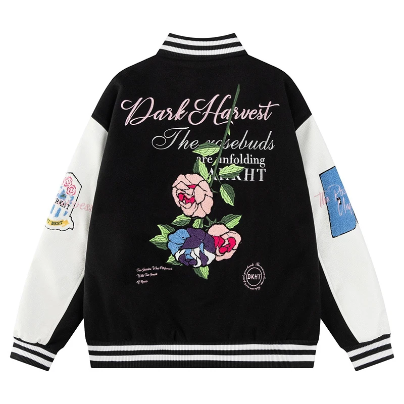 

Autumn Embroidered Varsity Jacket Floral Patchwork Baseball Bomber Coat Streetwear Oversized College Letterman Jacket Clothing
