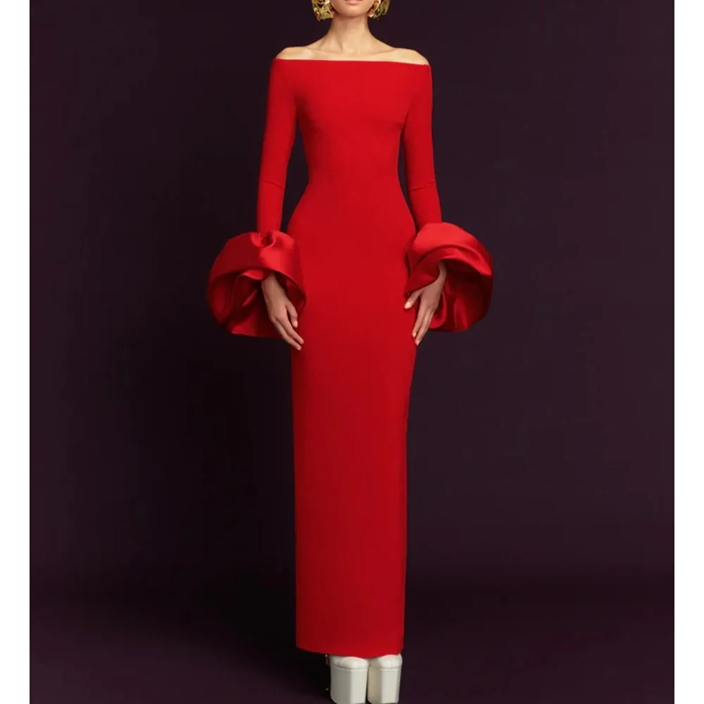 맞춤 제작 모던 보트 칼라 긴팔 정장 이브닝 드레스 클래식 시스 스타일 발목 길이 신부 들러리 드레스 베스티도스