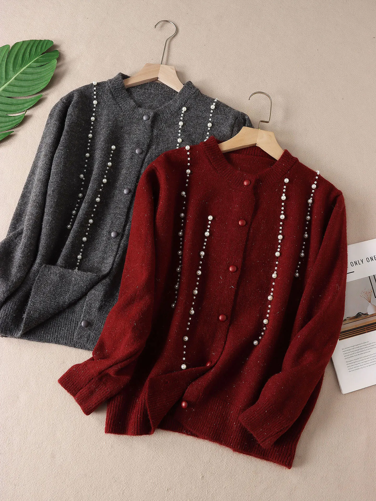 

Korean Sle Knitted Pearl Embellied Silver Tead Warm Sweater Coat 500g Open Cardigan Autumn Winter Faion Ladies Sweater
