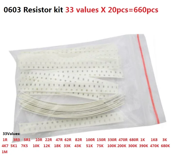 Free Ship 0603 33valuesX 20pcs=660pcs Sample Kit SMD Resistor Kit Assorted Kit 1ohm-1M Ohm 1%