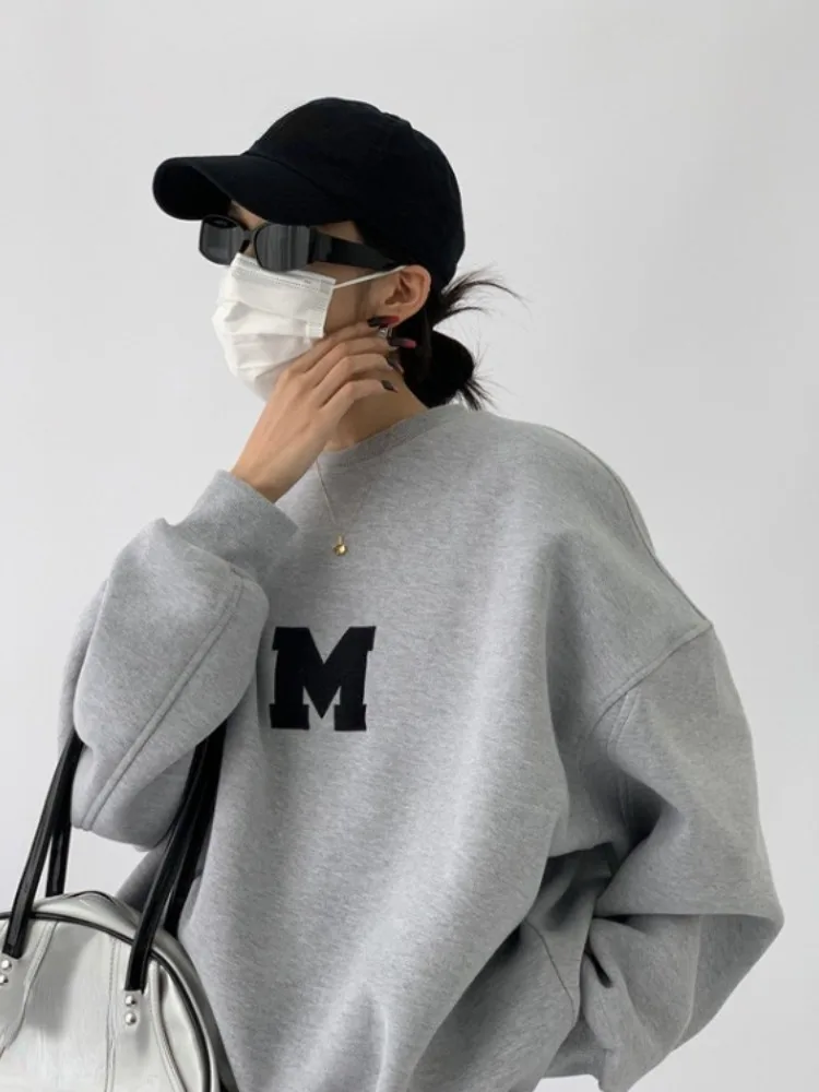 

Pullover Print Thickened Warm Ballless Sweatshirt Women's 2024 Spring Autumn New Loose All-match Monogram Grey Tops Female