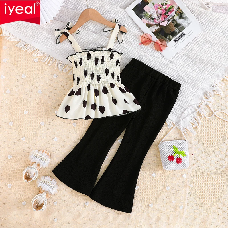 IYEAL 2025 Spring Summer Kids Girls' Fashion Set White Heart-Shaped Printed Camisole Top+Black Flared Pants Two-Piece Set