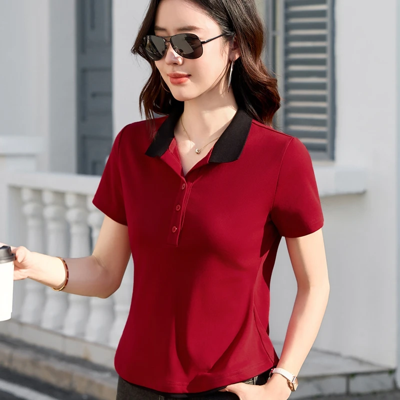 Women Color-blocking lapel Polo T-Shirt 2026 Spring New Contrast Color Fake Two-Piece Petite Waist-Slimming Slim Fit Top
