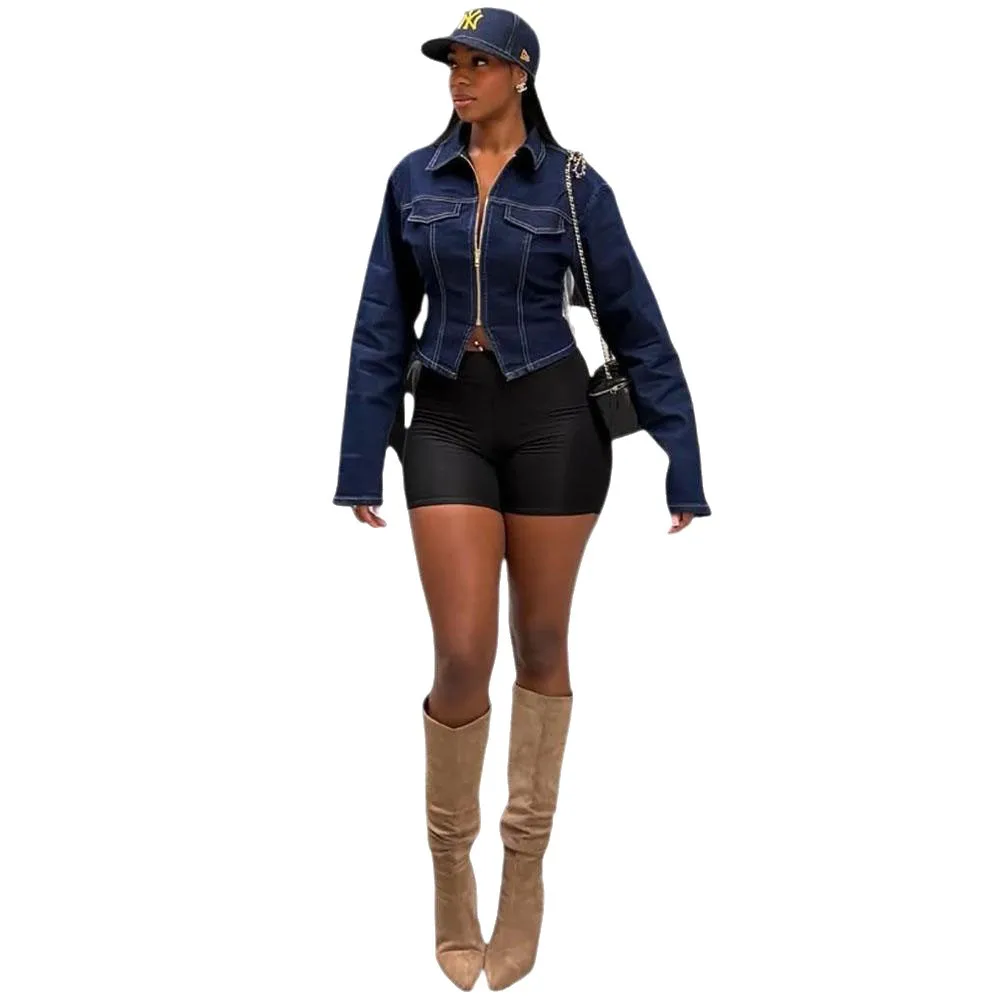 

2025 Women's Denim Jacket Street Fashion Lapel Long Sleeve Cropped Jacket