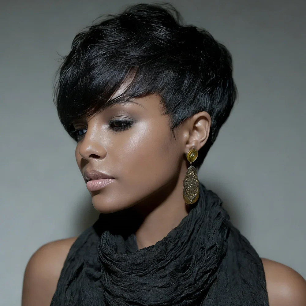 

Женский парик из бразильских волос Реми - натуральный черный, короткая прямая стрижка пикси, 150% плотность, реалистичная многослойная прическа машинной работы