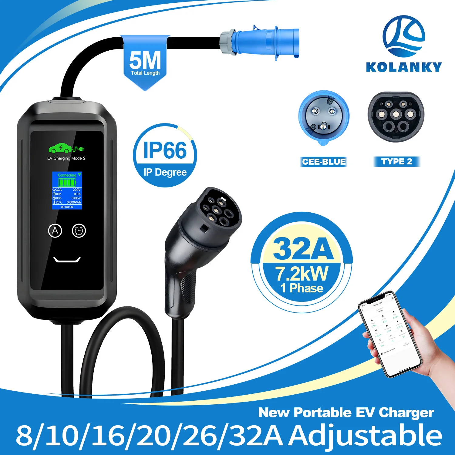 

Kolanky 32A 7.2KW Portable EV Charger Type2 Electric Vehicle Charger Tuya APP Control IP66 Total 5M for Type 2 Electric Vehicle