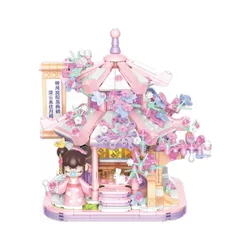 JAKI antique street view national fashion toy wooden house pavilion model Creative decoration girl building blocks gift toy gift