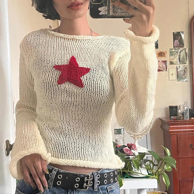 

Women's Hollow Out Crochet Sweater Vintage Star Pattern Long Sleeve Smock Pullovers Fishnet Coverup Fairycore Grunge Clothes