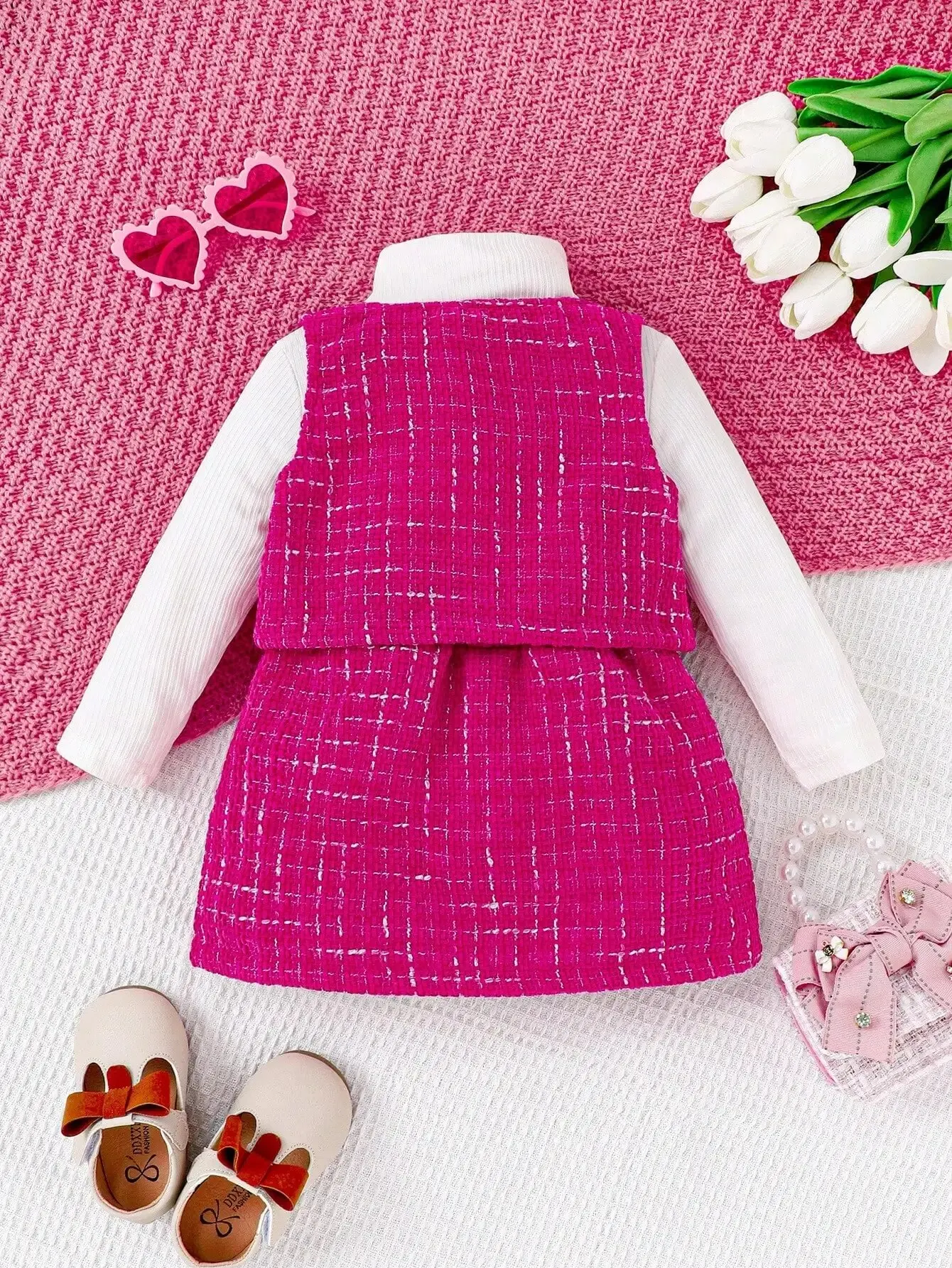 3-piece Autumn/Winter Baby Girl Cute and Sweet Western-Style White Long-Sleeved Rose Red Vest and Skirt Warm Comfort Suit