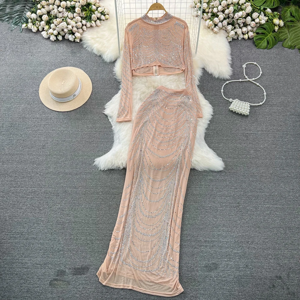 Two-Piece High Waisted Buttocks Wrapped Fishtail Skirt Trumpet Dress Long Sleeved Diamond Embellished Standing Collar Short Top