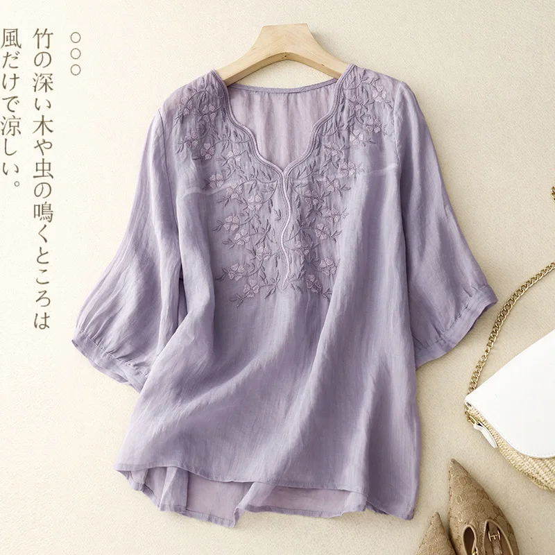 

Womens Floral Embroidered V Neck Blouse Puff Half Sleeve Irregular Hem Linen Casual Shirt