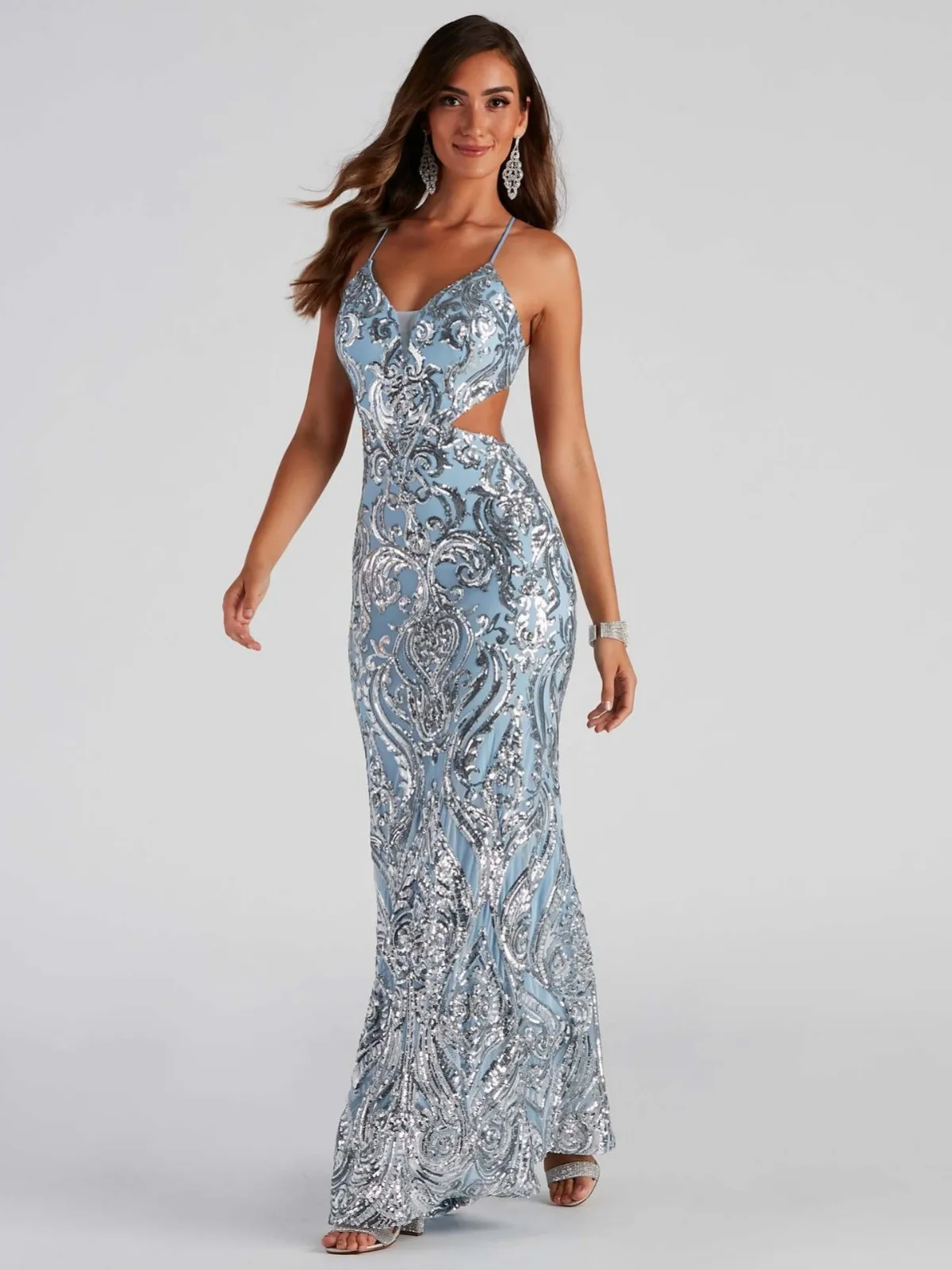 Prom Dress Elegant Long Luxury Wedding Guest Dresses Sequin Maxi Evening Dress Deep V Neck Sleeveless Party Dress Light Blue