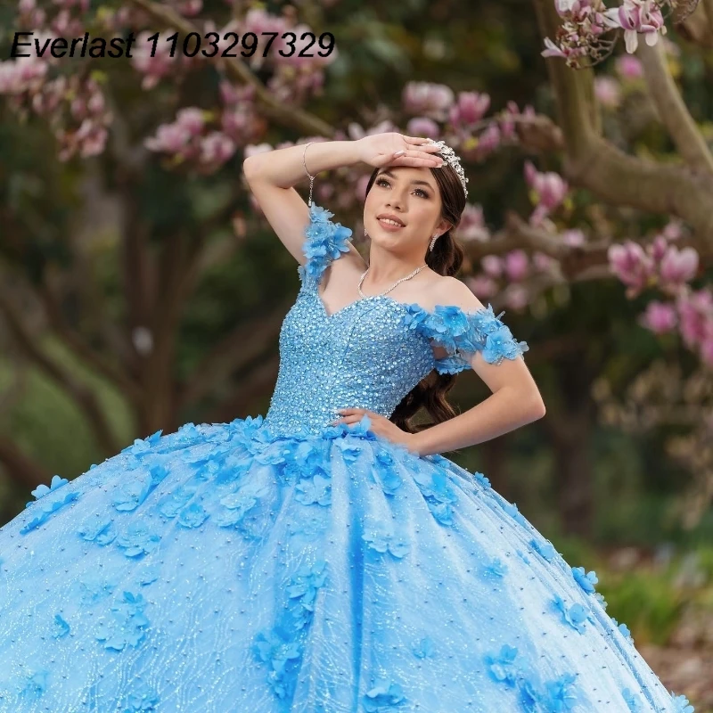 EVLAST Personalizzato Cielo Blu Abito Quinceanera Abito di Sfera Applique Floreale Che Borda A File Corsetto Dolce 16 Abiti Da 15 Anos TQD885