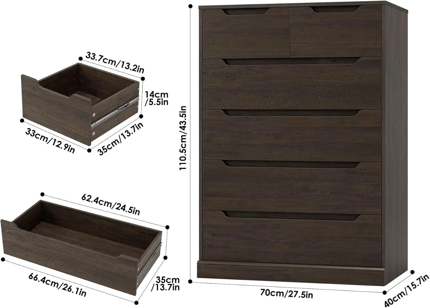 Cómoda moderna de 6 cajones para dormitorio, cofre alto con almacenamiento, organizador grande de madera con mango recortado