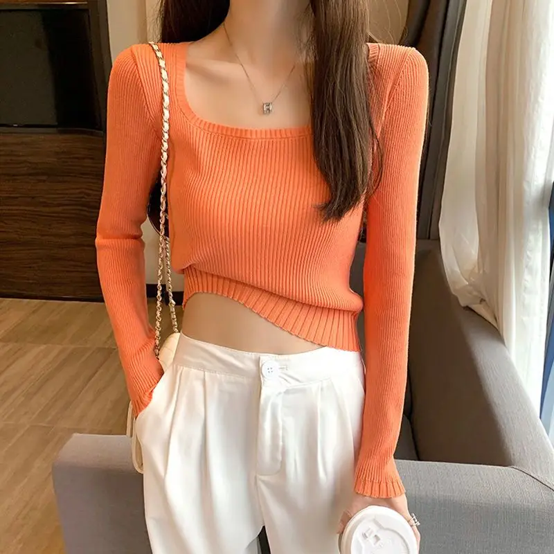 Autumn Winter Square Collar Solid Color Sweater Ladies Casual Fashion All-match Bottoming Jumpers Top Women Knitting Pullovers