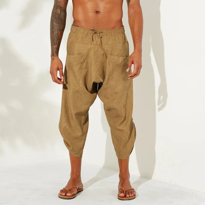 Baggy Beach Harem Pants Cotton Yoga Capri Trouser Loose Drawstring Sweatpants Pockets Boho Men's Aladdin Vikings Pirate Costume