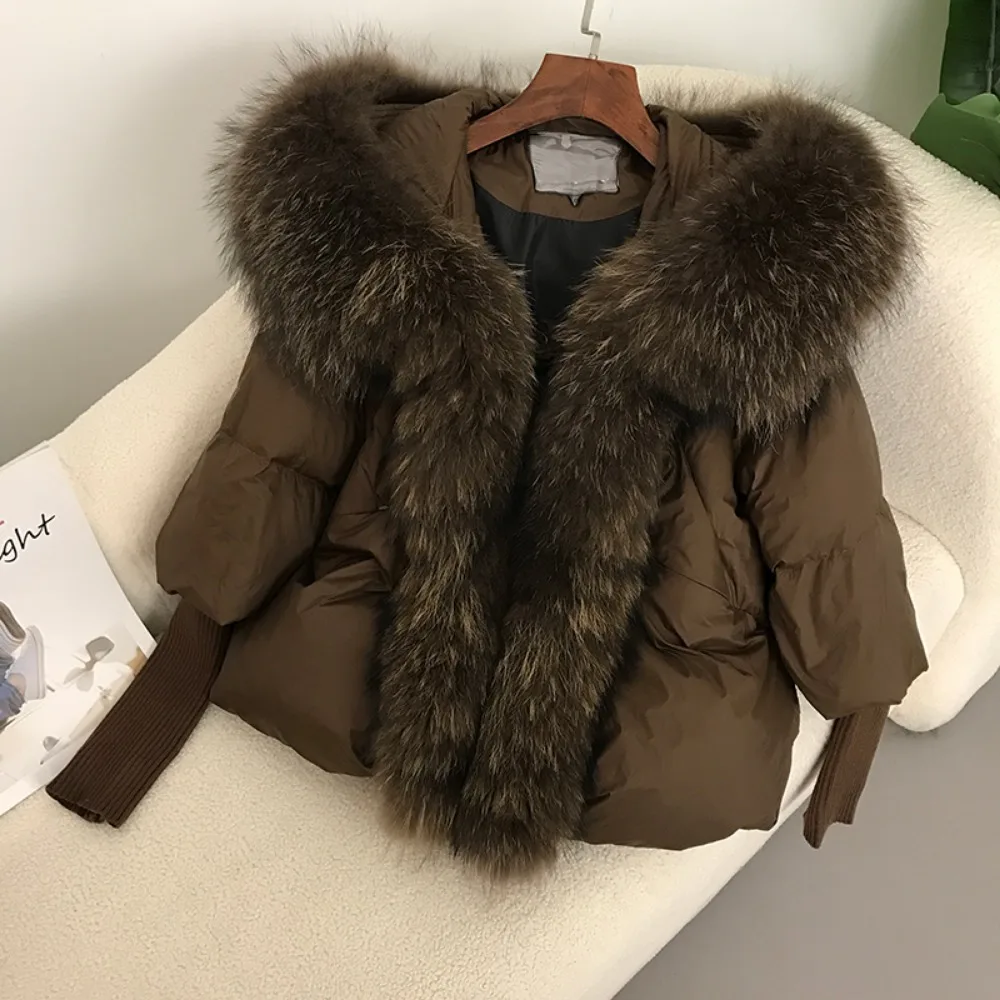 

2024 Duck Down Coat Winter Loose Oversize Puffer Jacket Women Real Fox Fur Collar Hooded Natural Thick Warm Streetwear Outerwear