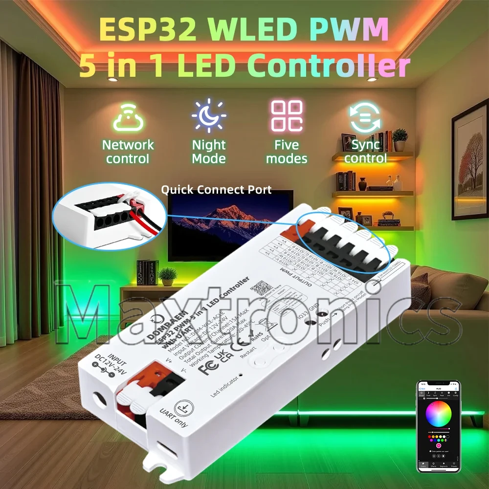 5in1 DOMRAEM ESP32 WLED PWM Controller with UART WLE-ACLE Works Alexa Google Home Assistant Dimmer for RGB RGBW RGBCCT LED Strip