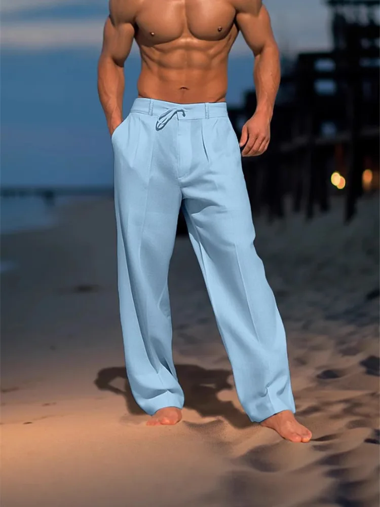 

New Men's Linen Trousers Summer Beach Pants Solid Color Comfortable Breathable Casual Vacation
